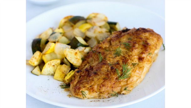 Baked Humus-Crusted Chicken with Squash