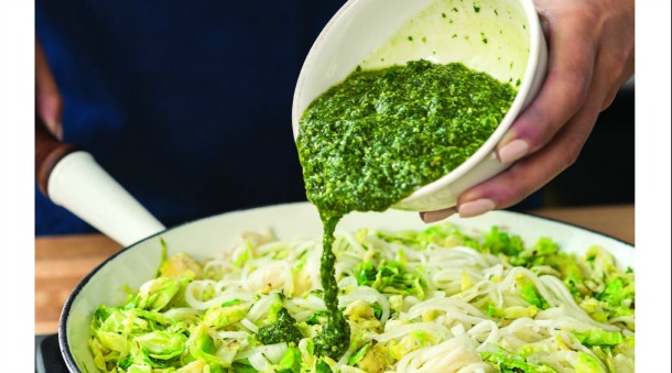Pesto “Zoodles” with Brussel Sprouts